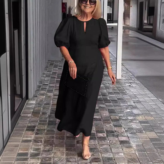 CM | Maxivestido de mujer - Corte vaporoso - Mangas abullonadas - Tejido ligero y drapeado - Escote en forma de ojo de cerradura