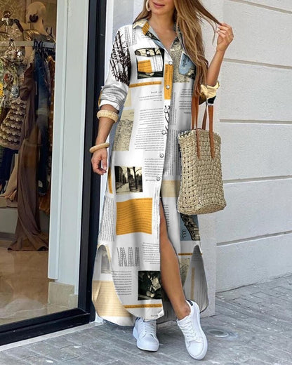 CM | Maxivestido de mujer - Corte relajado - Tacto de algodón - Estampado geométrico - Tapeta de botones - Bolsillos en el pecho
