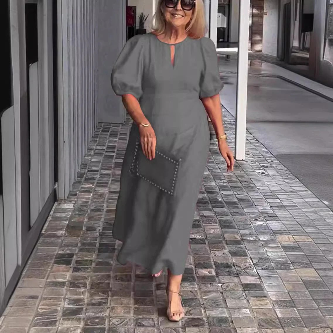 CM | Maxivestido de mujer - Corte vaporoso - Mangas abullonadas - Tejido ligero y drapeado - Escote en forma de ojo de cerradura