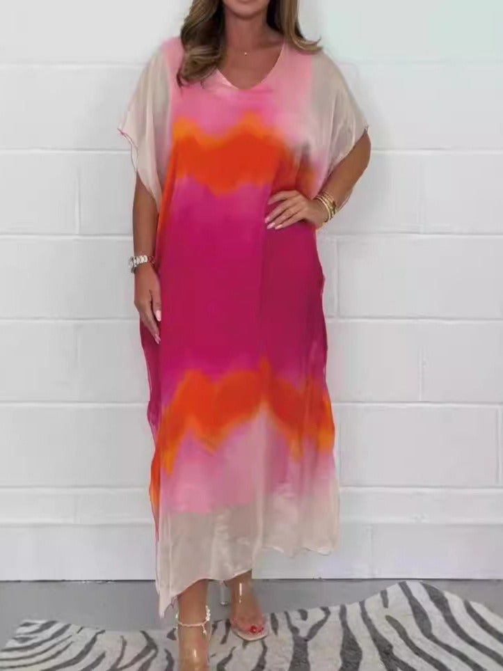 CM | Maxivestido de mujer - Gasa - Cuello en pico - Degradado de color ombre - Manga corta - Corte relajado