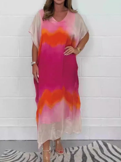 CM | Maxivestido de mujer - Gasa - Cuello en pico - Degradado de color ombre - Manga corta - Corte relajado
