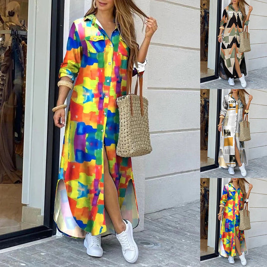 CM | Maxivestido de mujer - Corte relajado - Tacto de algodón - Estampado geométrico - Tapeta de botones - Bolsillos en el pecho