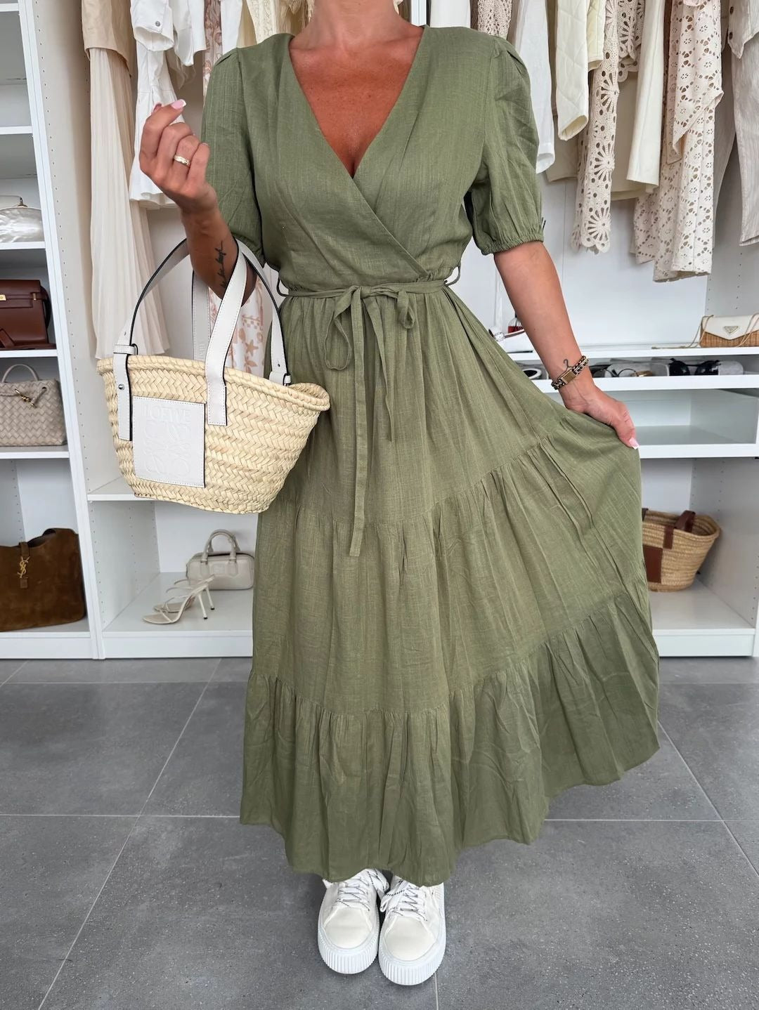 CM | maxi vestido de mujer - línea A - parte delantera envolvente - mangas abullonadas - falda con cinturón de lazo