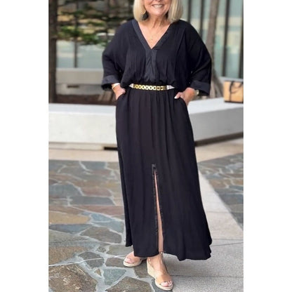 CM | maxi vestido de mujer - corte fluido - escote en V - manga larga - abertura delantera