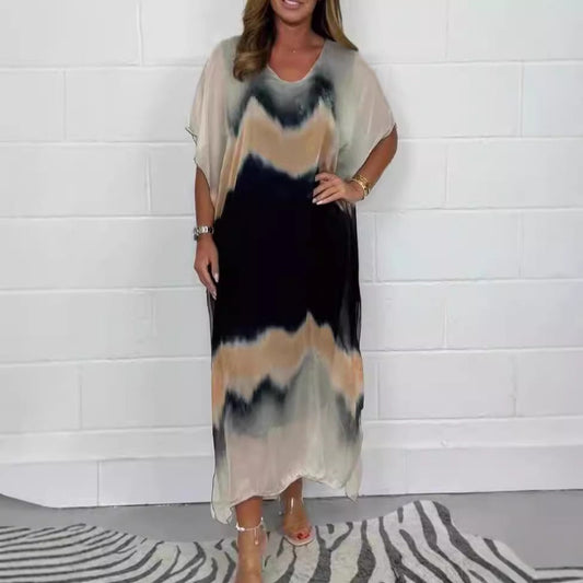 CM | Maxivestido de mujer - Gasa - Cuello en pico - Degradado de color ombre - Manga corta - Corte relajado