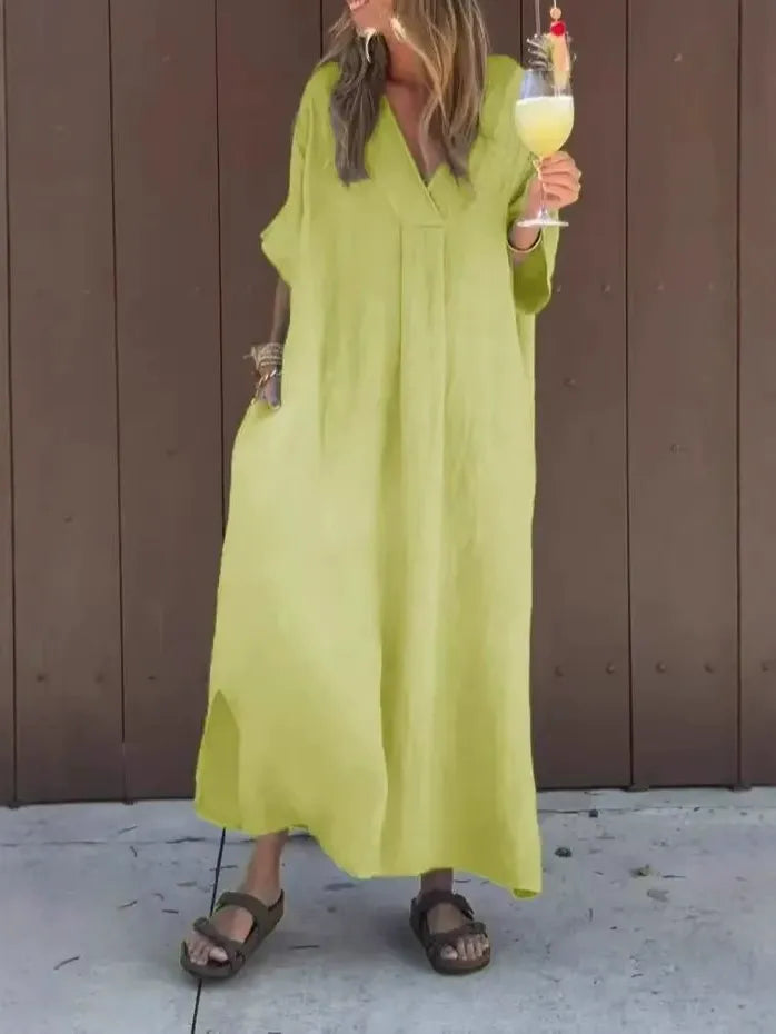 CM | Maxivestido de mujer - Tacto de algodón - Corte holgado - Cuello en pico - Mangas cortas - Estilo minimalista