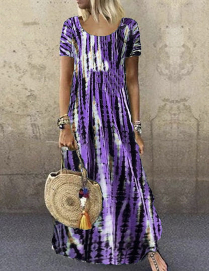 CM | Vestido largo de mujer - estampado tie-dye - corte holgado - manga corta - tacto suave de algodón