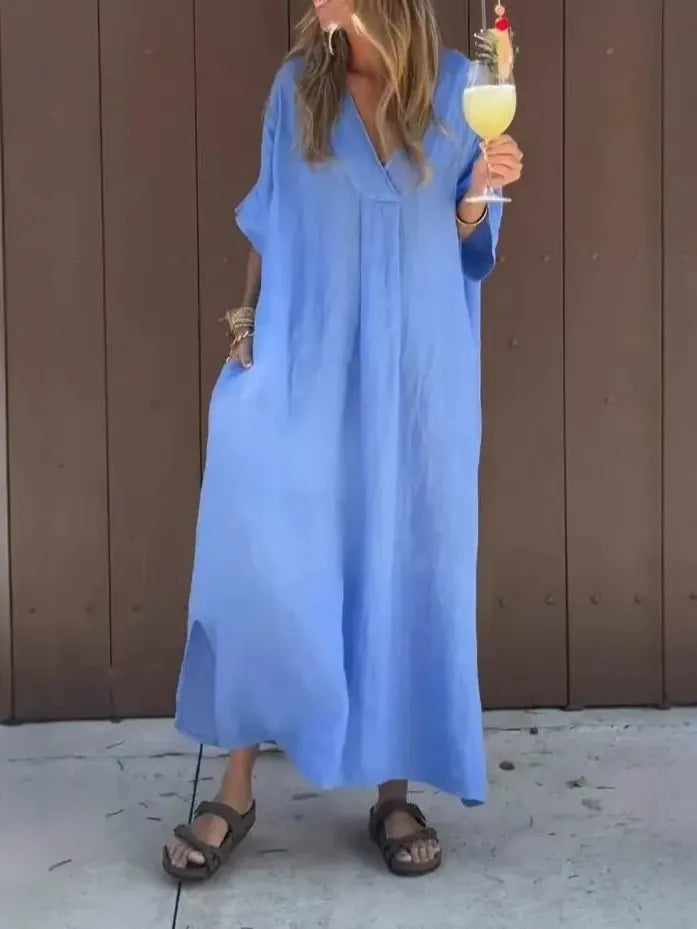 CM | Maxivestido de mujer - Tacto de algodón - Corte holgado - Cuello en pico - Mangas cortas - Estilo minimalista