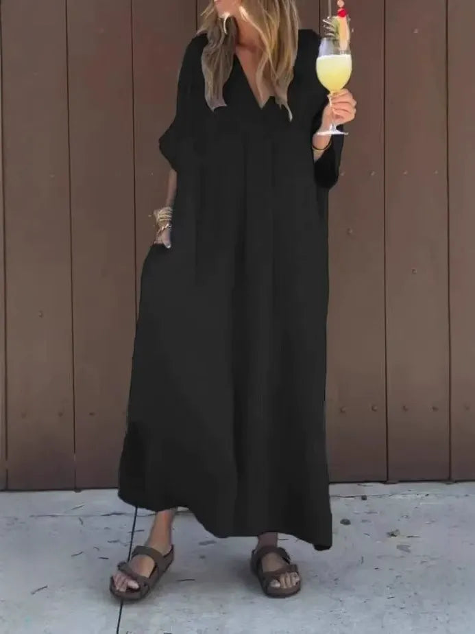 CM | Maxivestido de mujer - Tacto de algodón - Corte holgado - Cuello en pico - Mangas cortas - Estilo minimalista