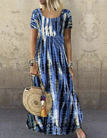 CM | Vestido largo de mujer - estampado tie-dye - corte holgado - manga corta - tacto suave de algodón