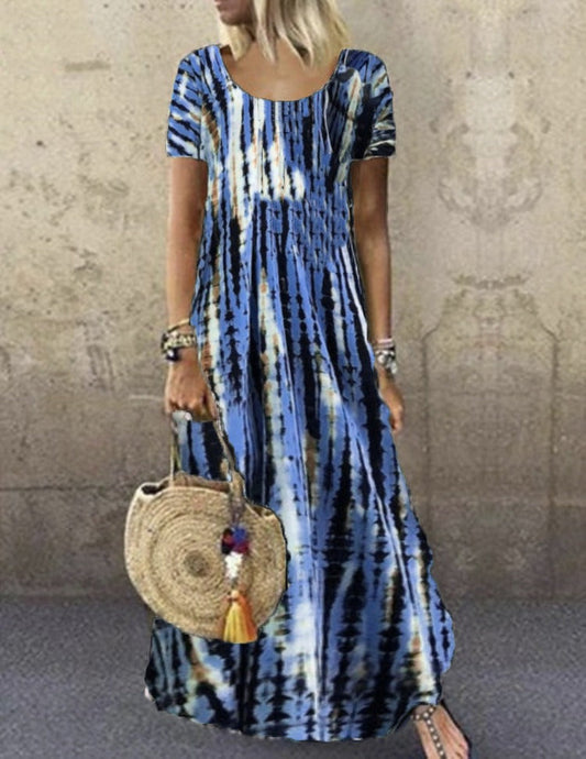 CM | Vestido largo de mujer - estampado tie-dye - corte holgado - manga corta - tacto suave de algodón