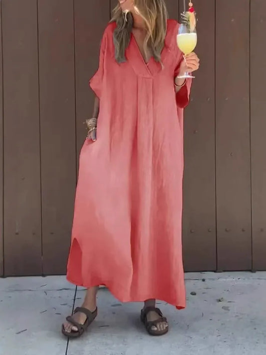 CM | Maxivestido de mujer - Tacto de algodón - Corte holgado - Cuello en pico - Mangas cortas - Estilo minimalista