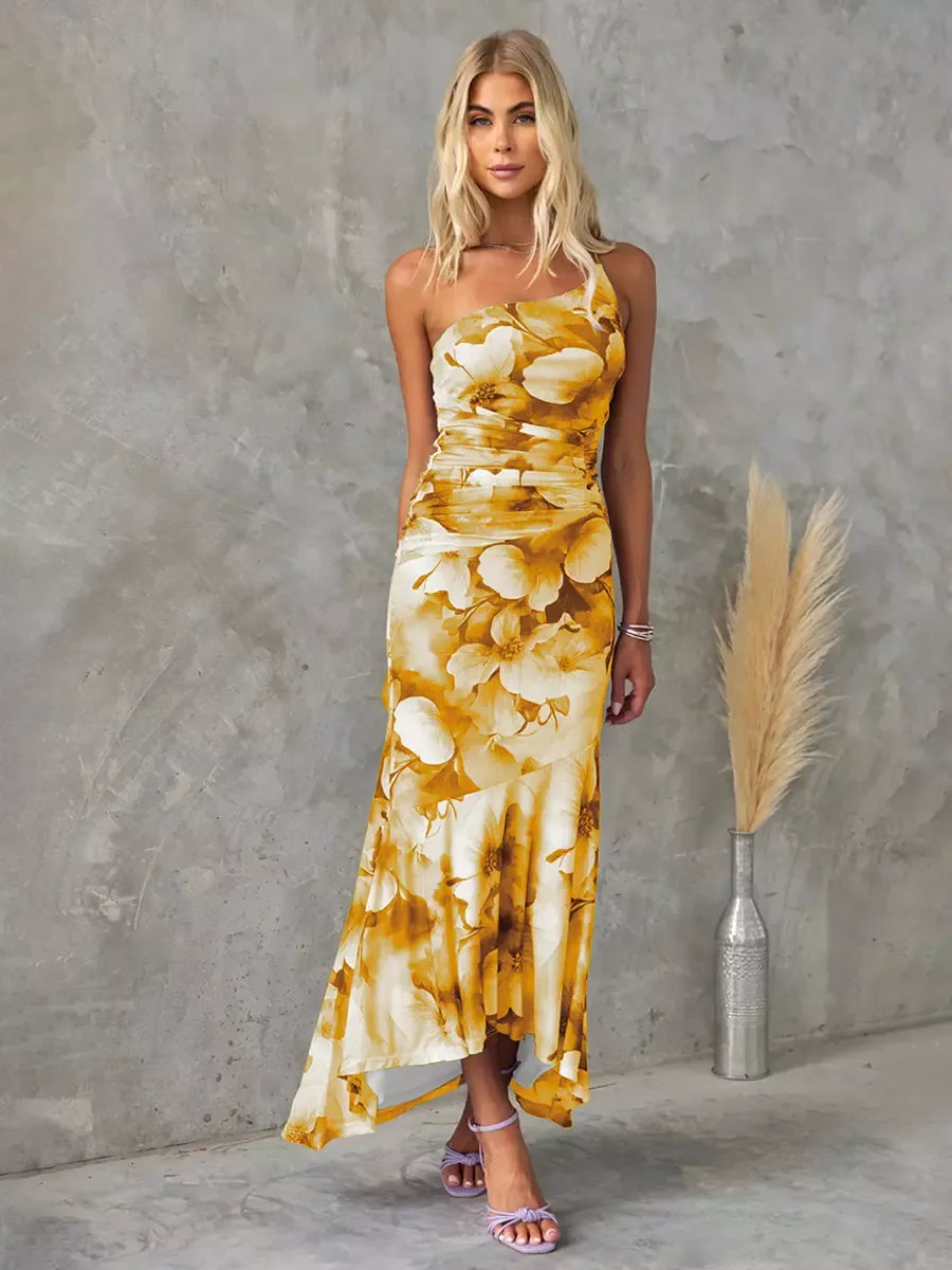 CM | Vestido largo para mujer - un hombro - estampado floral - cintura fruncida - mezcla transpirable