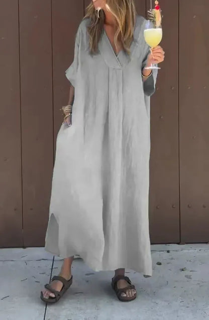 CM | Maxivestido de mujer - Tacto de algodón - Corte holgado - Cuello en pico - Mangas cortas - Estilo minimalista