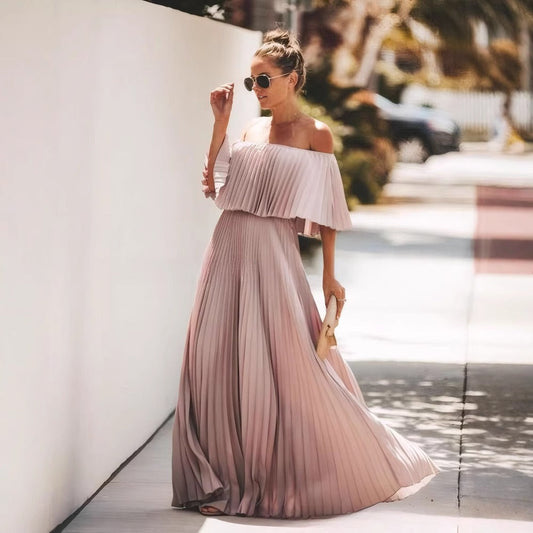 CM | maxi vestido de mujer - off-the-shoulder - escote volante - plisado - ajuste fluido