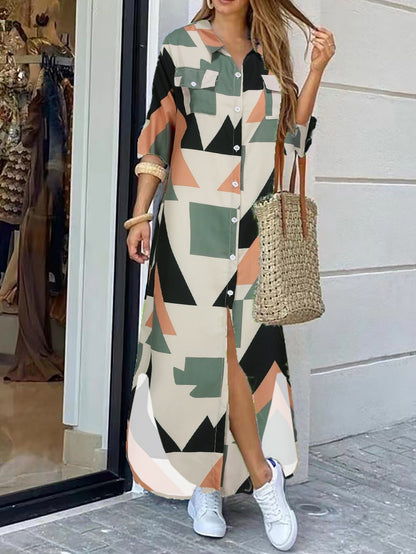 CM | Maxivestido de mujer - Corte relajado - Tacto de algodón - Estampado geométrico - Tapeta de botones - Bolsillos en el pecho