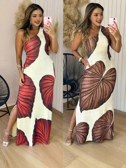 CM | maxi vestido de mujer - corte entallado - mezcla de algodón - sin mangas - estampado de hojas - abertura lateral