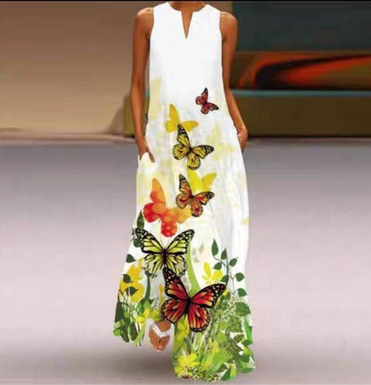 CM | Maxivestido de mujer - Corte relajado - Algodón - Cuello en pico - Estampado de flores de mariposa - Bolsillos