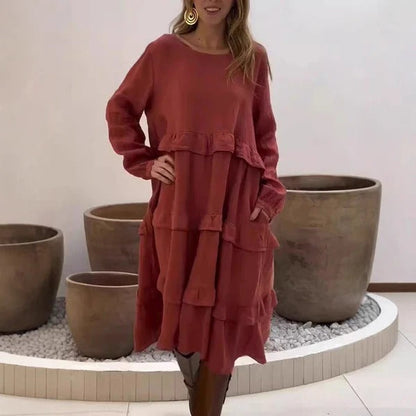 CM | maxi vestido de mujer - lino - corte en A - mangas fruncidas - estilo escalonado y sencillo