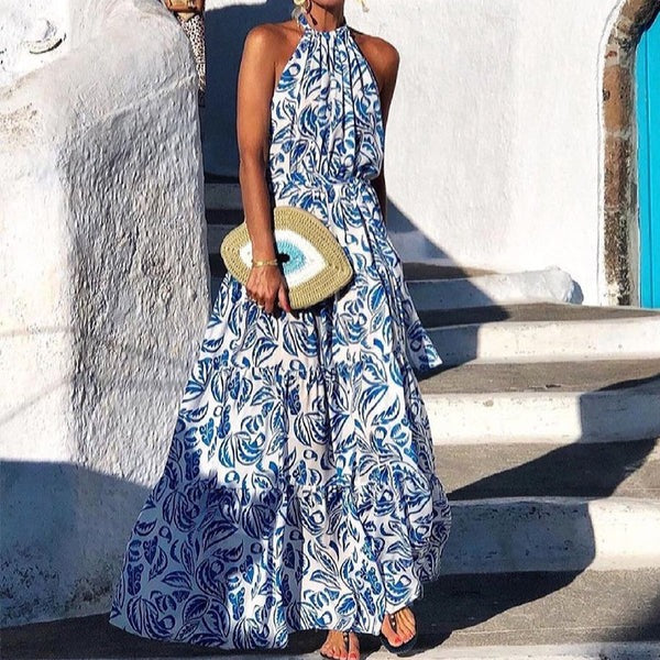 CM | maxi vestido de mujer - corte fluido - cuello halterneck - falda a rayas - estampado floral