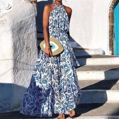 CM | maxi vestido de mujer - corte fluido - cuello halterneck - falda a rayas - estampado floral