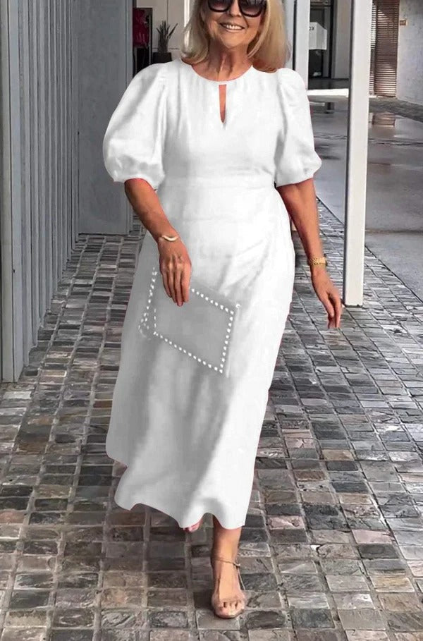 CM | Maxivestido de mujer - Corte vaporoso - Mangas abullonadas - Tejido ligero y drapeado - Escote en forma de ojo de cerradura