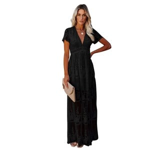 CM | maxi vestido de mujer - bordado - cuello en V - manga corta - corte vaporoso y elegante