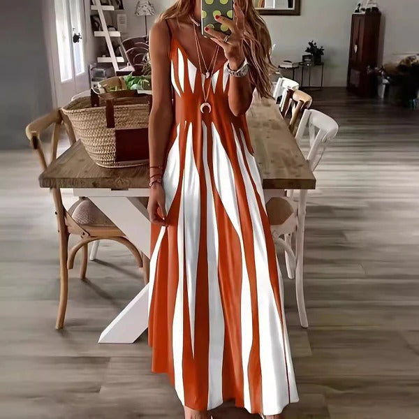 CM | Maxi vestido de mujer - Corte vaporoso - Sin mangas - Cuello en pico - Rayas verticales - Tejido ligero