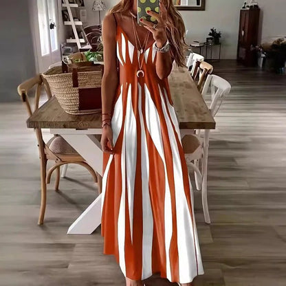CM | Maxi vestido de mujer - Corte vaporoso - Sin mangas - Cuello en pico - Rayas verticales - Tejido ligero
