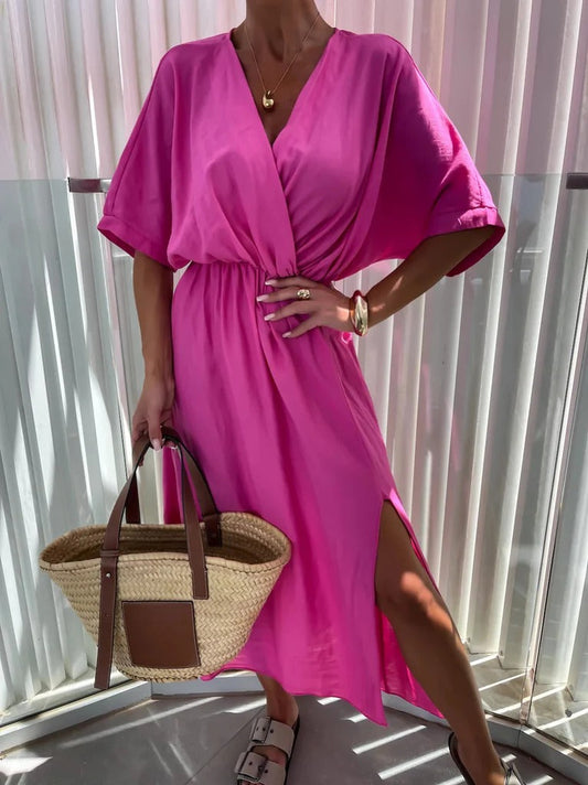 CM | Maxivestido de mujer - Corte relajado - Cuello de pico - Mangas cortas - Aberturas laterales