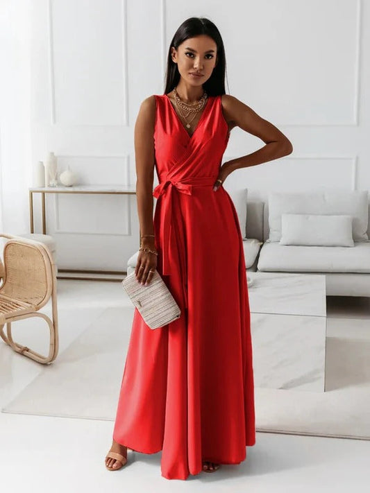 CM | Maxi vestido de mujer - Tejido de lujo - Cuello en V - Lazo de corbata - Sin mangas Corte elegante