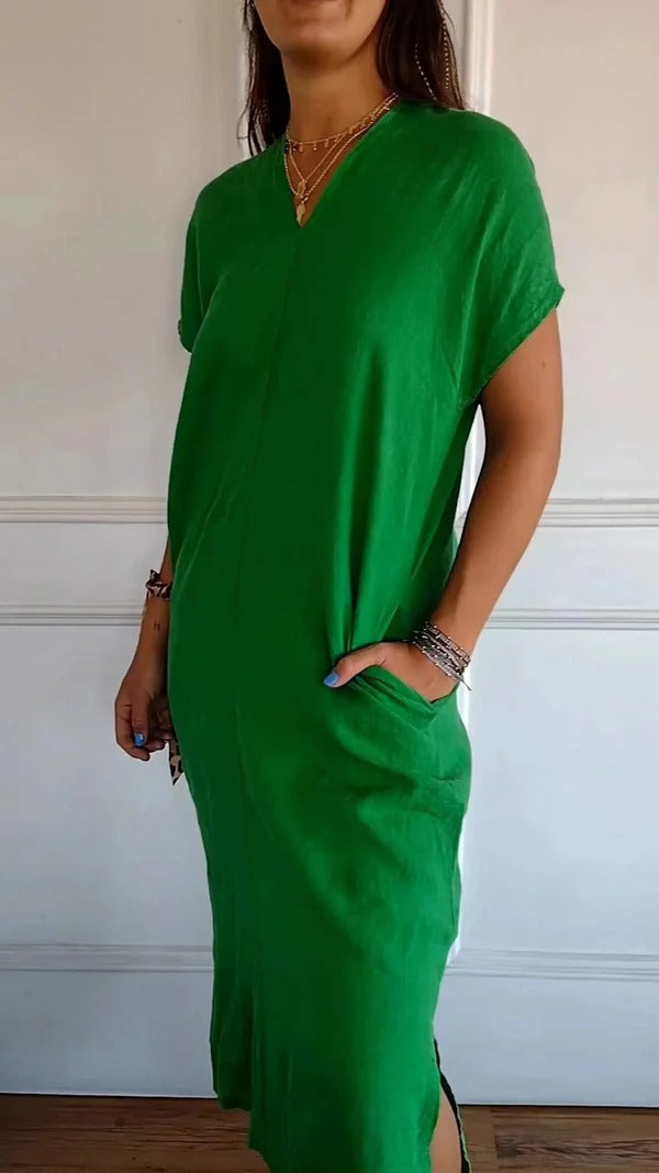 CM | Maxi Vestido de Mujer - Corte Relajado - Algodón - Cuello en V - Mangas Cortas - Con Bolsillos