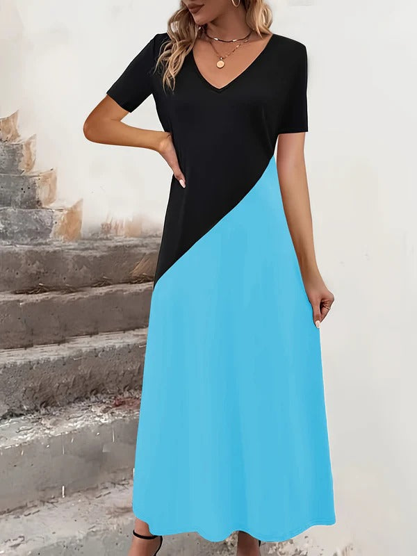 CM | Maxivestido de mujer - Mezcla de algodón - Top entallado - Cuello de pico - Bloque de color - Mangas cortas