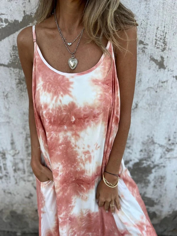 CM | Maxivestido de mujer - Corte holgado - Escote redondo - Tirantes finos - Tie-dye look