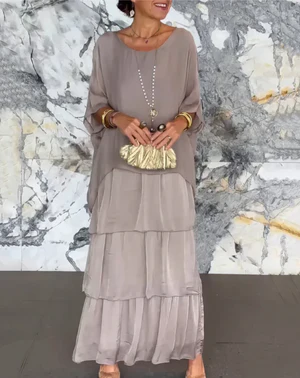 CM | Maxivestido de mujer - Flujo escalonado - Mangas al codo Elegancia