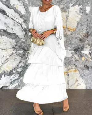 CM | Maxivestido de mujer - Flujo escalonado - Mangas al codo Elegancia