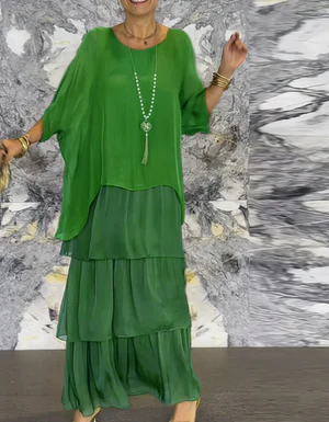 CM | Maxivestido de mujer - Flujo escalonado - Mangas al codo Elegancia