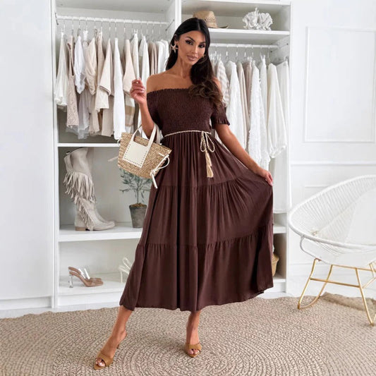 CM | Maxi vestido de mujer - hombros al descubierto - falda con vuelo - cintura elástica - detalle de volantes