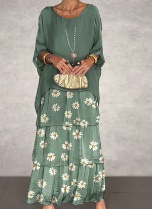 CM | Maxivestido de mujer - Flujo escalonado - Mangas al codo Elegancia