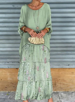 CM | Maxivestido de mujer - Flujo escalonado - Mangas al codo Elegancia