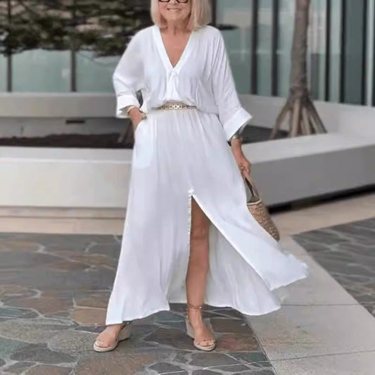 CM | maxi vestido de mujer - corte fluido - escote en V - manga larga - abertura delantera