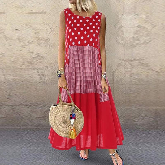 CM | maxi vestido de mujer - corte en A - sin mangas - algodón - mezcla de puntos y cuadros