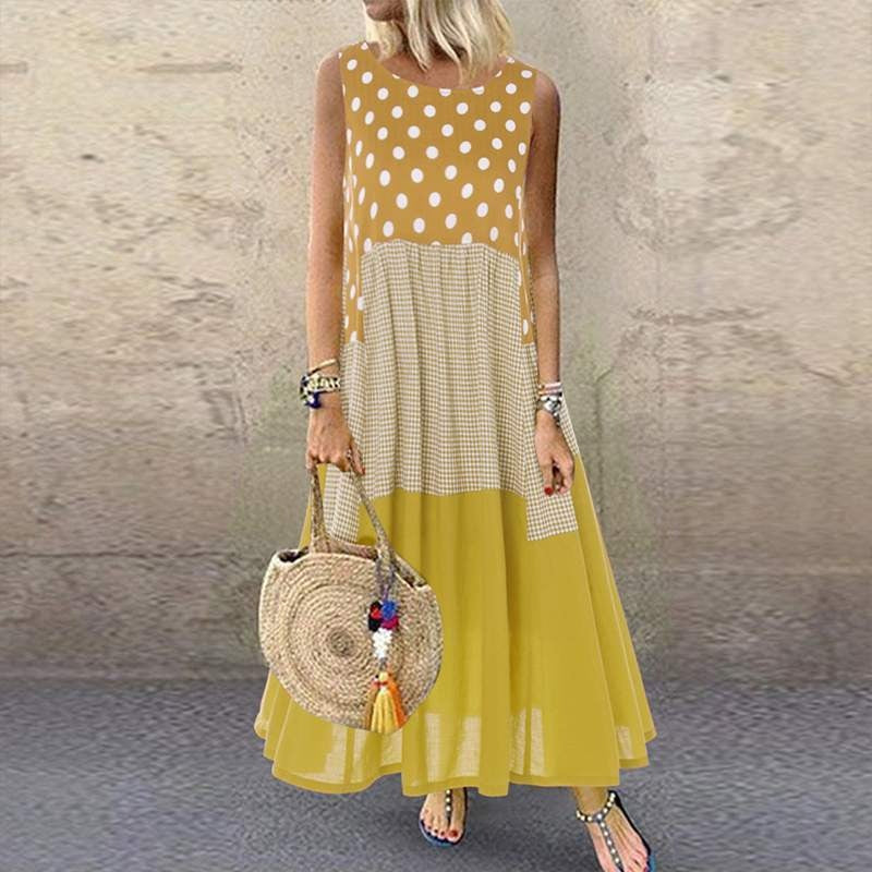 CM | maxi vestido de mujer - corte en A - sin mangas - algodón - mezcla de puntos y cuadros
