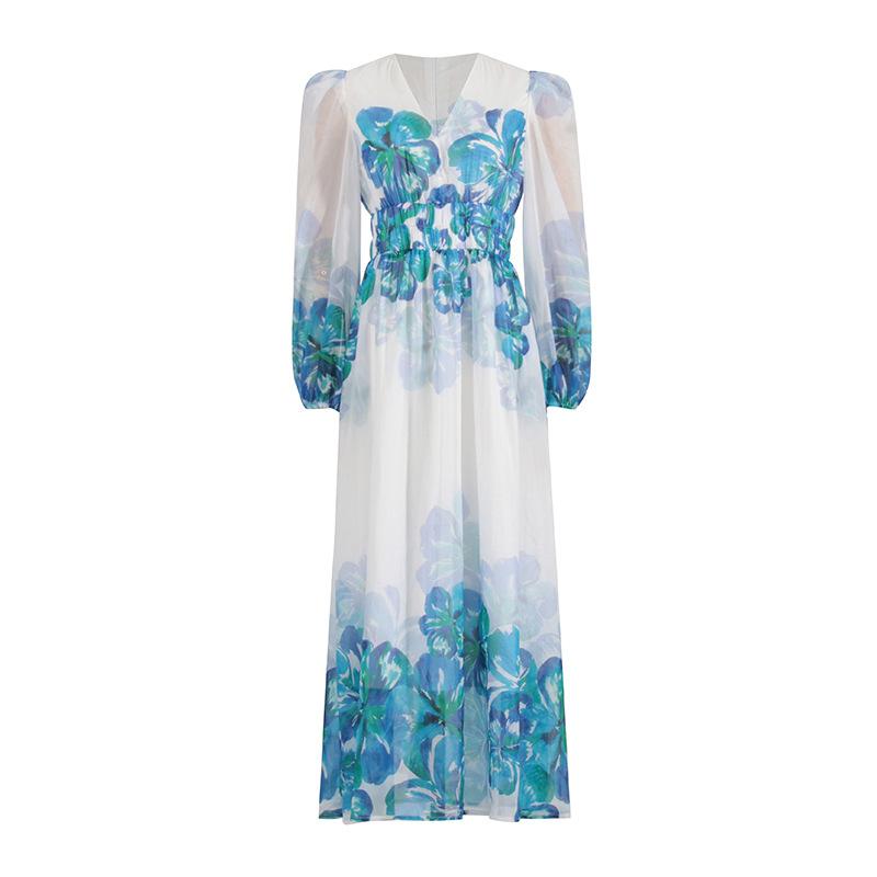 CM | Vestido midi de mujer - Cuello en pico - Cintura fruncida - Mangas largas - Corte ligero y elegante