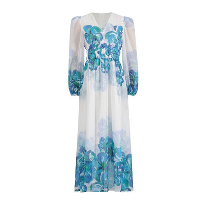 CM | Vestido midi de mujer - Cuello en pico - Cintura fruncida - Mangas largas - Corte ligero y elegante