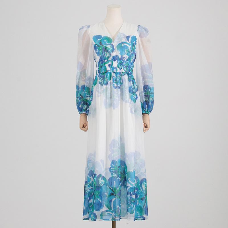 CM | Vestido midi de mujer - Cuello en pico - Cintura fruncida - Mangas largas - Corte ligero y elegante