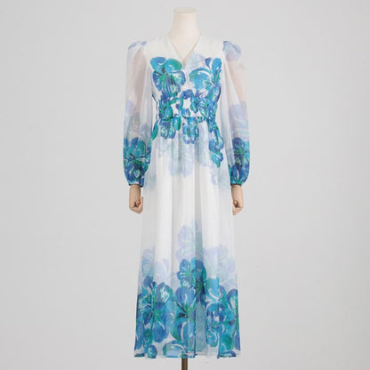CM | Vestido midi de mujer - Cuello en pico - Cintura fruncida - Mangas largas - Corte ligero y elegante