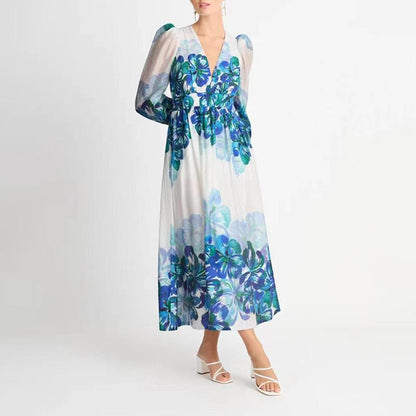 CM | Vestido midi de mujer - Cuello en pico - Cintura fruncida - Mangas largas - Corte ligero y elegante