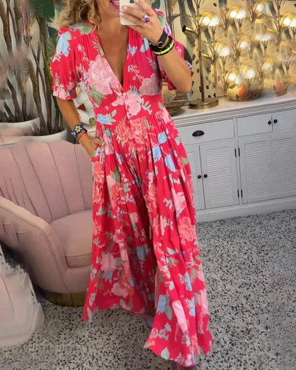 CM | Cómodo vestido largo con cuello en V y bolsillos