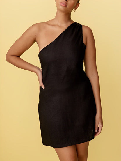 CM | Vestido corto asimétrico de lino